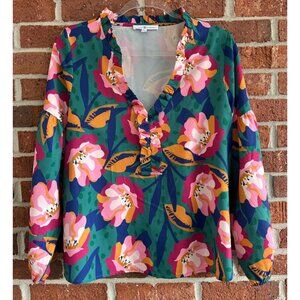 Michelle McDowell Floral Ruffle Blouse Green Pink Orange Long Sleeve M